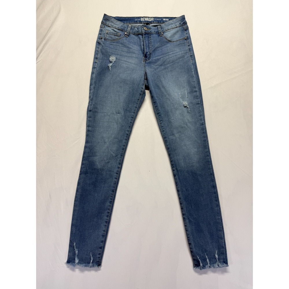 Rewash Brand Mid Rise Skinny Jeans Womens 7/28 Blue Denim‎ Distressed Frayed Hem